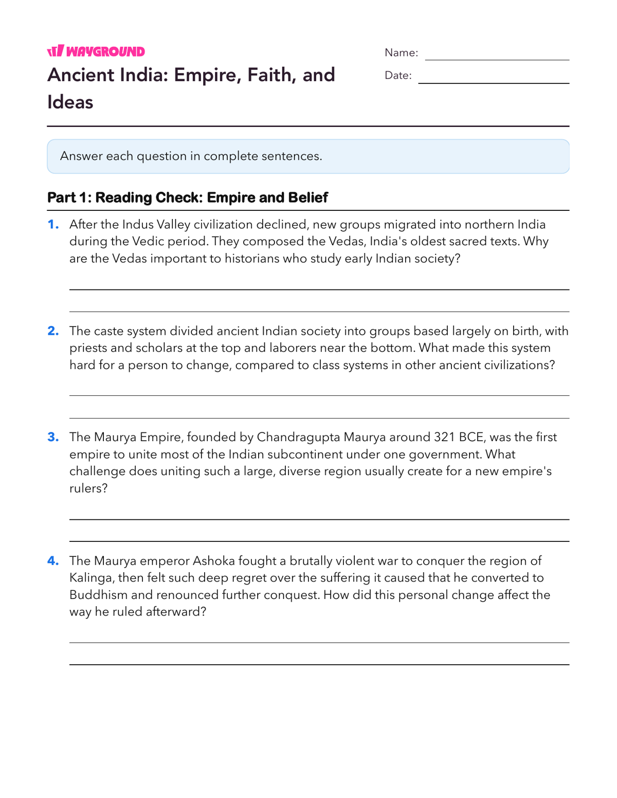 Ancient India: Empire, Faith, and Ideas - Printable Ancient-civilizations Worksheets Class 9 - Wayground