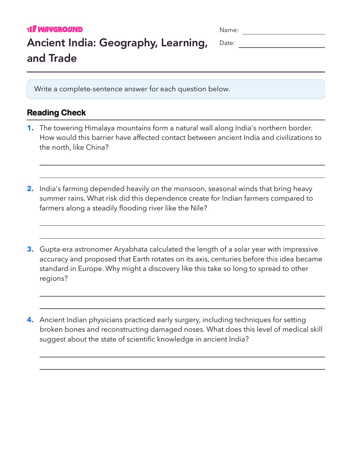 Ancient India: Geography, Learning, and Trade - Printable Ancient-civilizations Worksheets Class 9 - Wayground