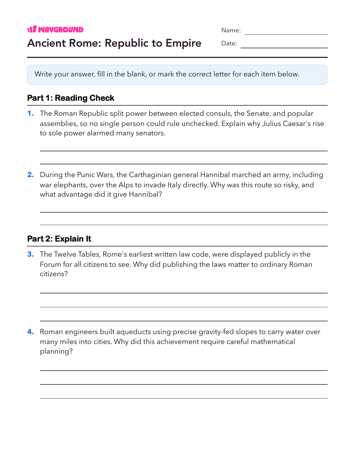 Ancient Rome: Republic to Empire - Printable Ancient-civilizations Worksheets Class 9 - Wayground