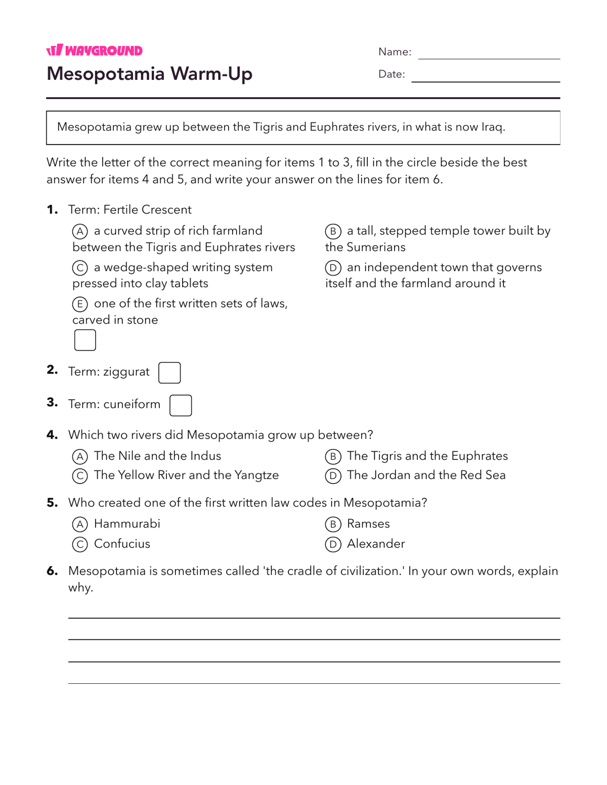 Mesopotamia Warm-Up - Printable Ancient-civilizations Worksheets - Wayground