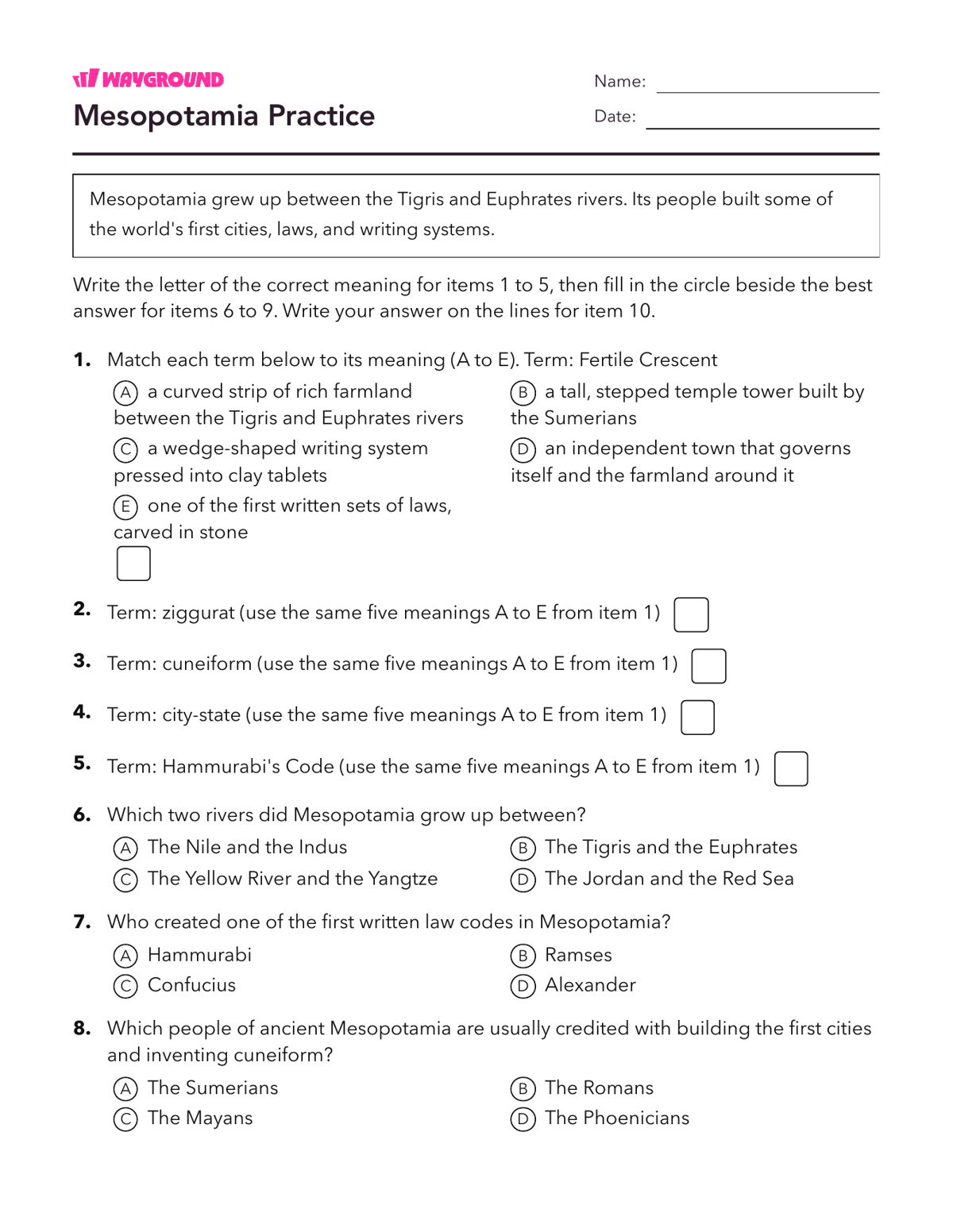 Mesopotamia Practice - Printable Ancient-civilizations Worksheets - Wayground