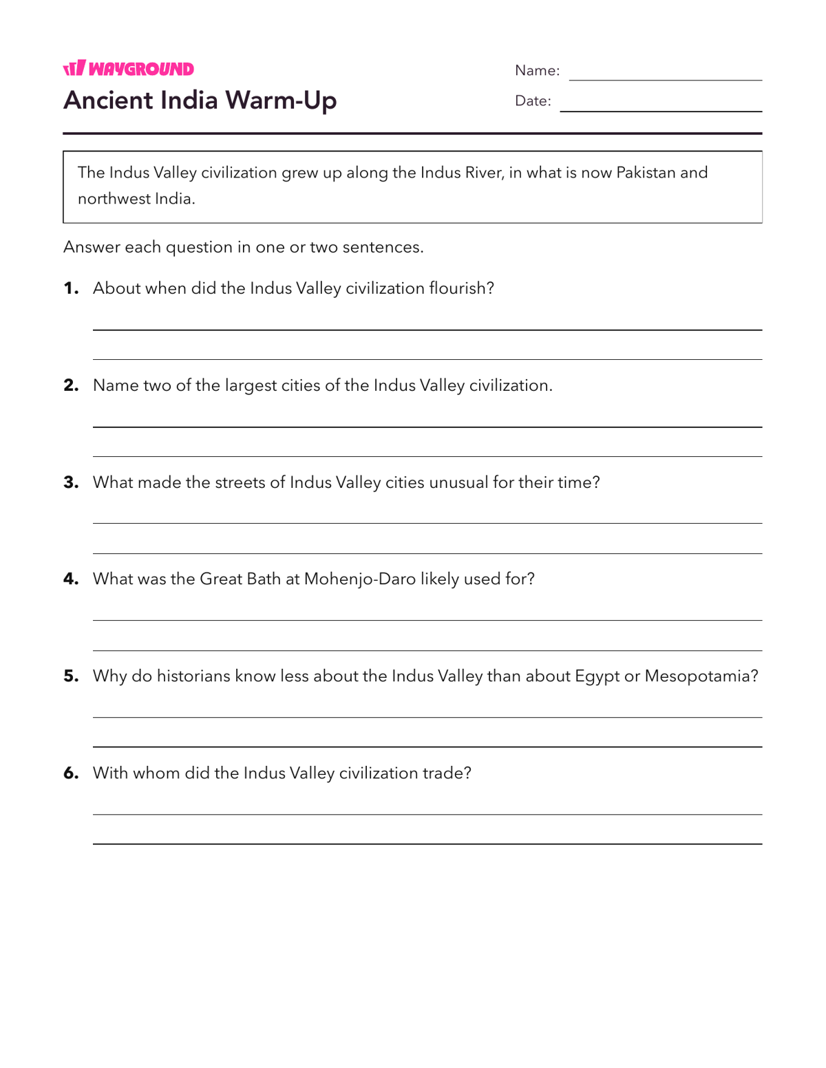 Ancient India Warm-Up - Printable Ancient-civilizations Worksheets - Wayground
