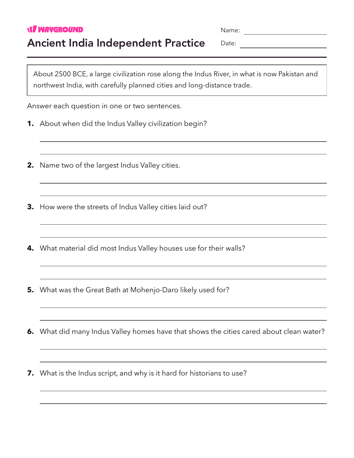 Ancient India Independent Practice - Printable Ancient-civilizations Worksheets - Wayground
