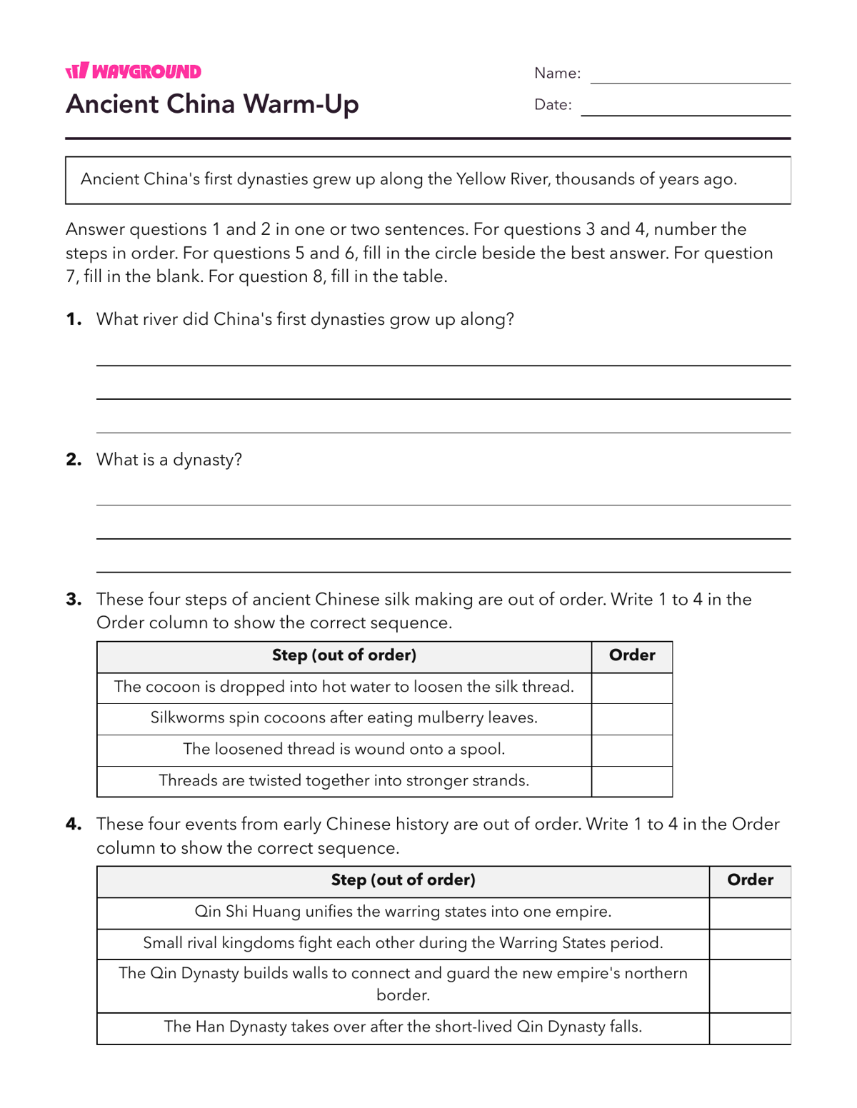 Ancient China Warm-Up - Printable Ancient-civilizations Worksheets - Wayground