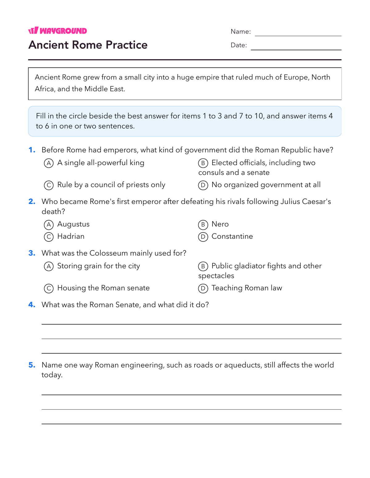 Ancient Rome Practice - Printable Ancient-civilizations Worksheets - Wayground