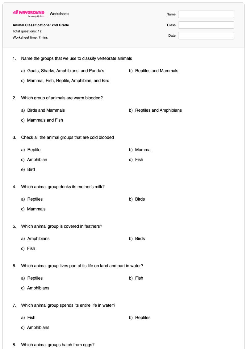 Animal Classifications: 2nd Grade - พิมพ์ได้ การจำแนกประเภทและการเปลี่ยนแปลง เวิร์กชีท ระดับ 2 - Wayground