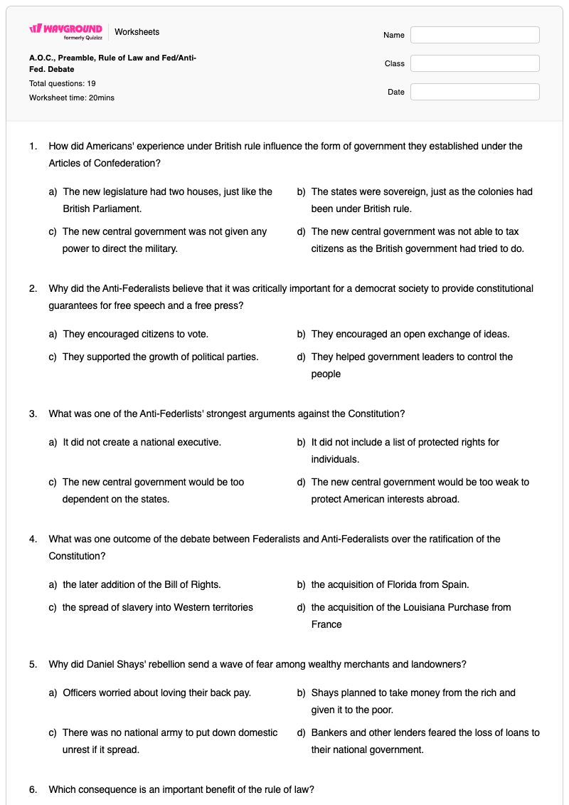 A.O.C., Preamble, Rule of Law and Fed/Anti-Fed. Debate - พิมพ์ได้ Founding-fathers เวิร์กชีท ระดับ 7 - Wayground