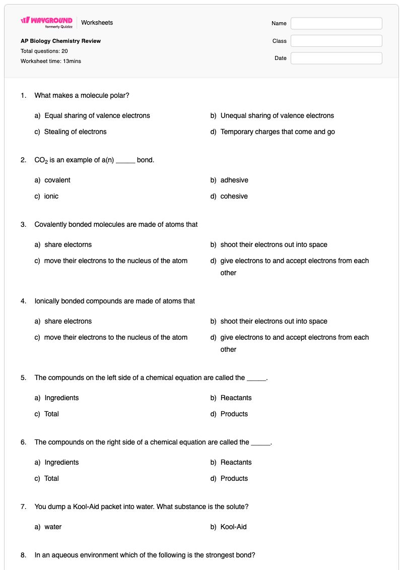 AP Biology Chemistry Review - Printable Chemistry Worksheets - Wayground