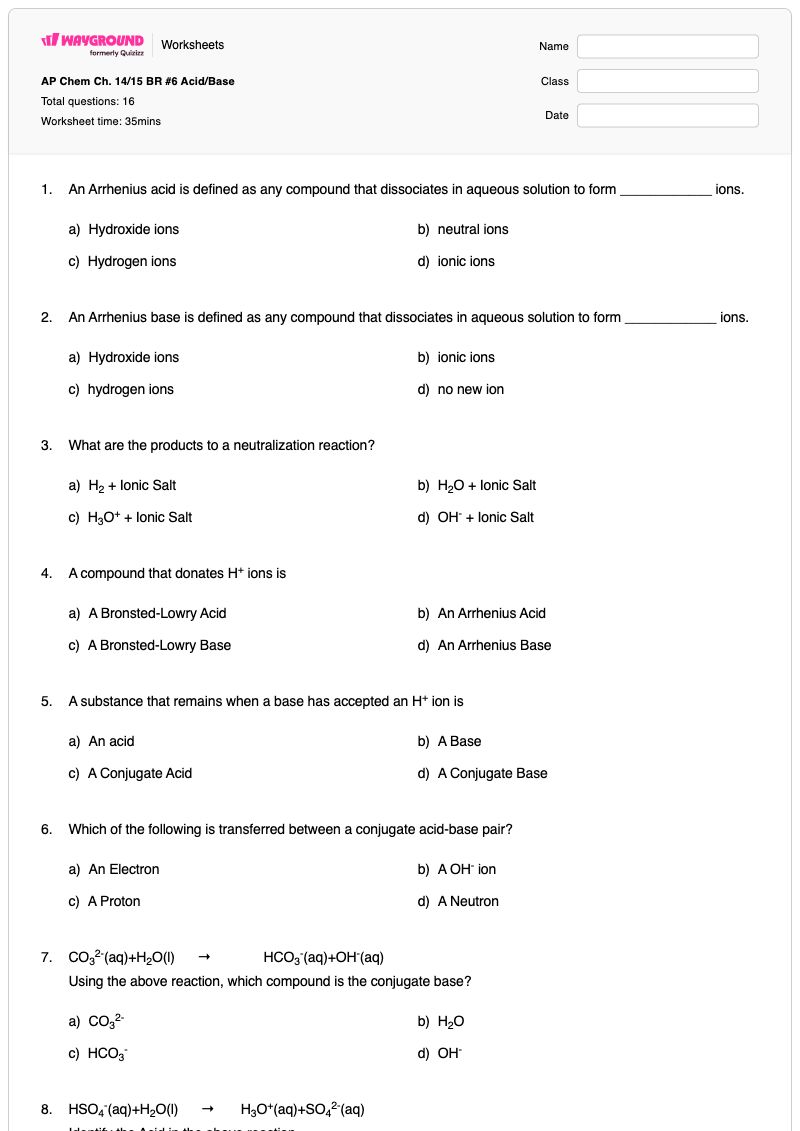 AP Chem Ch. 14/15 BR #6 Acid/Base - Printable Chemistry Worksheets - Wayground