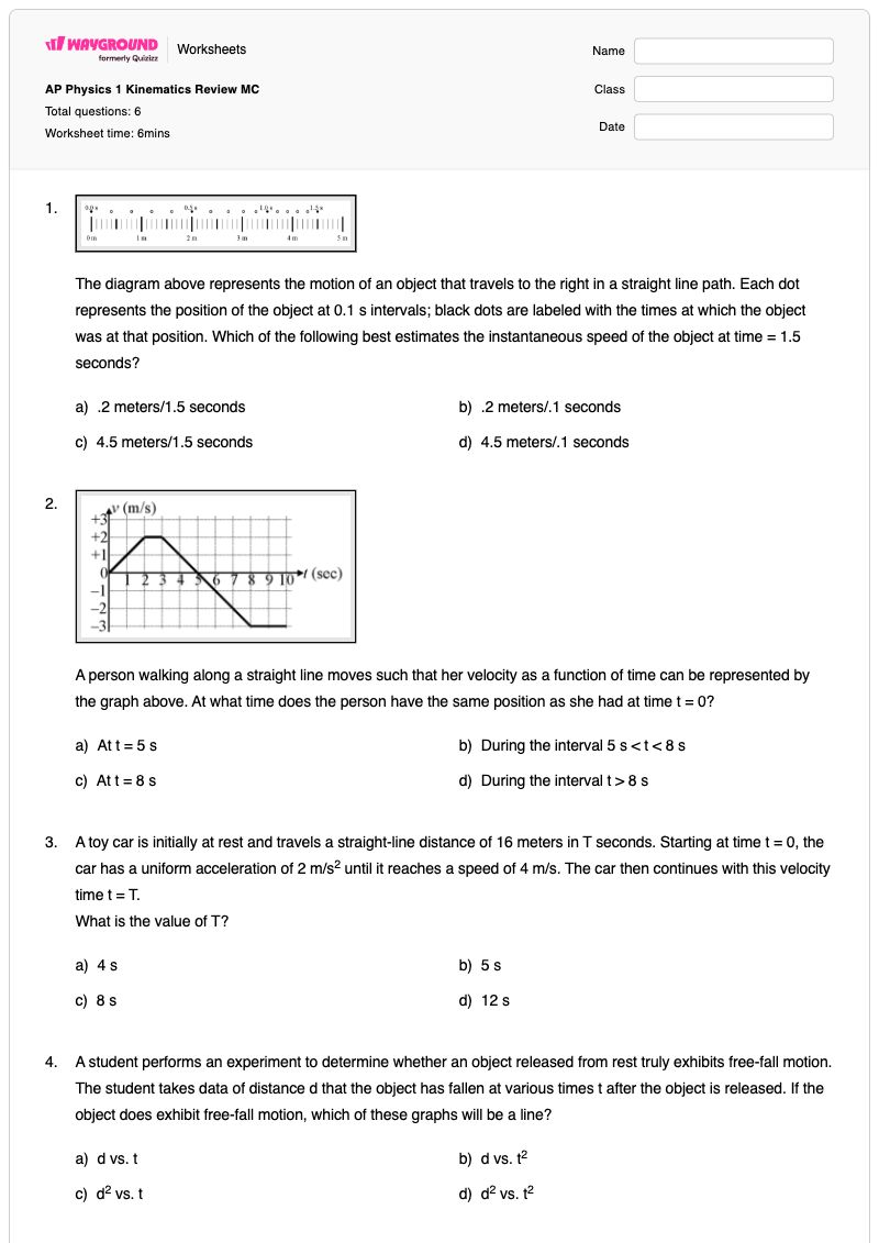 AP Physics 1 Kinematics Review MC - พิมพ์ได้ One-dimensional-kinematics เวิร์กชีท - Wayground