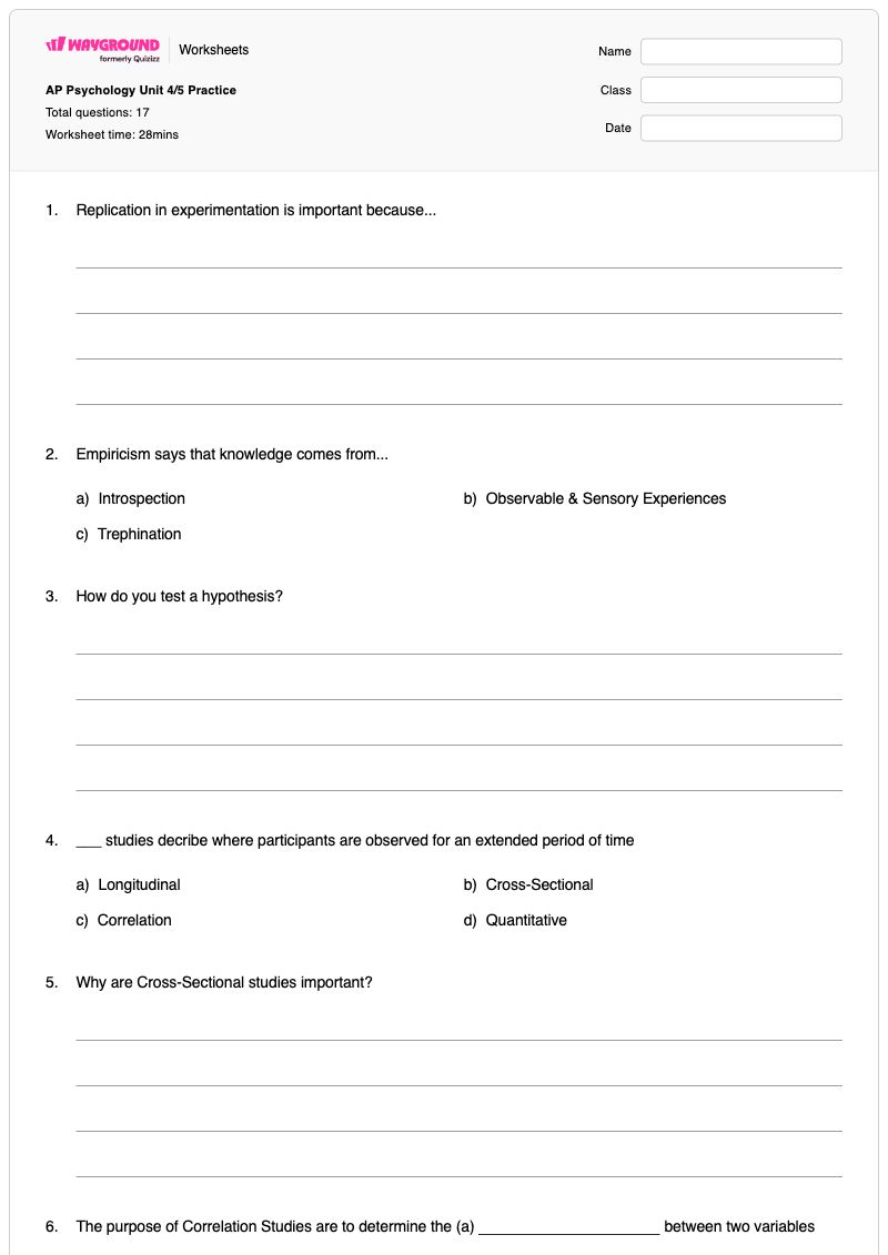 AP Psychology Unit 4/5 Practice - พิมพ์ได้ Adverse-childhood-experiences เวิร์กชีท ระดับ 11 - Wayground