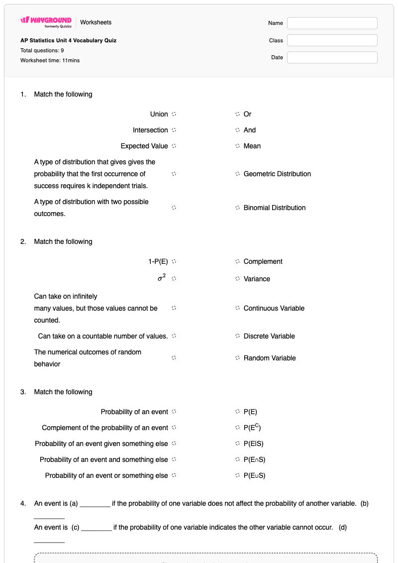 AP Statistics Unit 4 Vocabulary Quiz - พิมพ์ได้ Mutually-exclusive-events เวิร์กชีท ระดับ 12 - Wayground