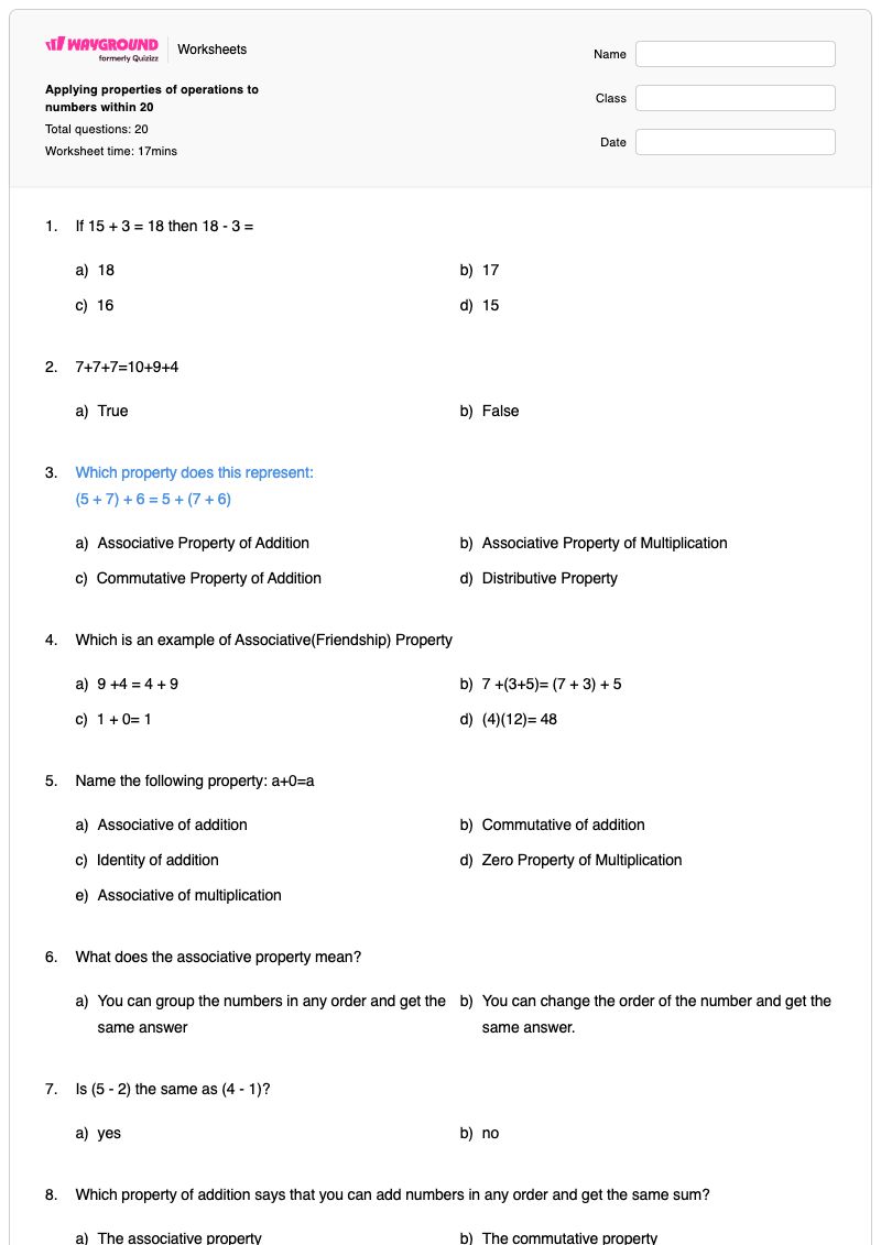 Applying properties of operations to numbers within 20 - พิมพ์ได้ Distributive-property เวิร์กชีท ระดับ 1 - Wayground