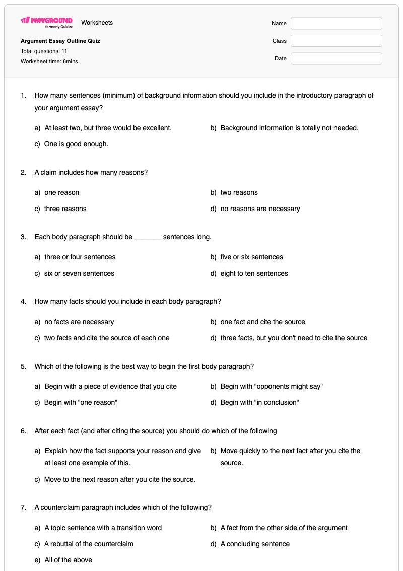 Argument Essay Outline Quiz - พิมพ์ได้ เรียงความเชิงโต้แย้ง เวิร์กชีท ระดับ 8 - Wayground
