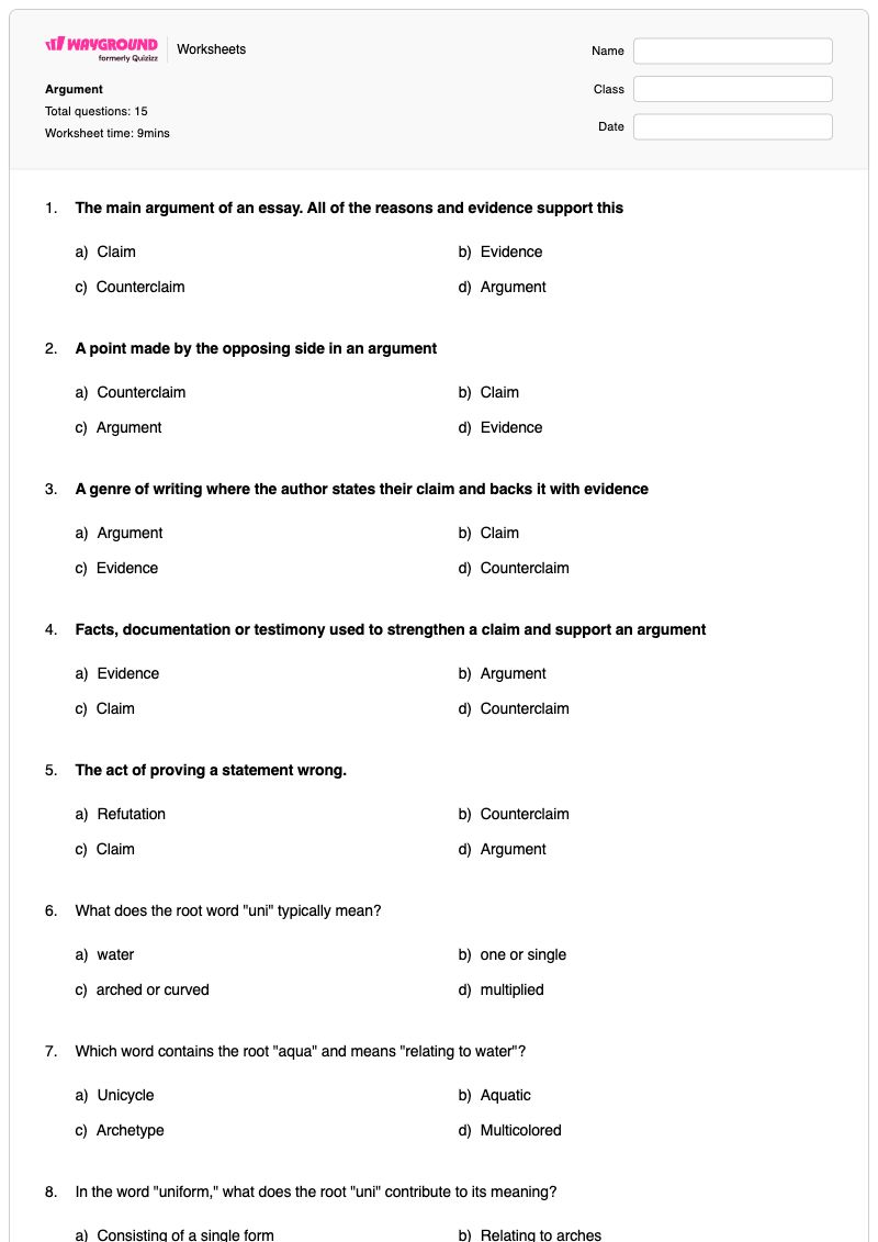Argument - พิมพ์ได้ Argument-essay เวิร์กชีท ระดับ 7 - Wayground