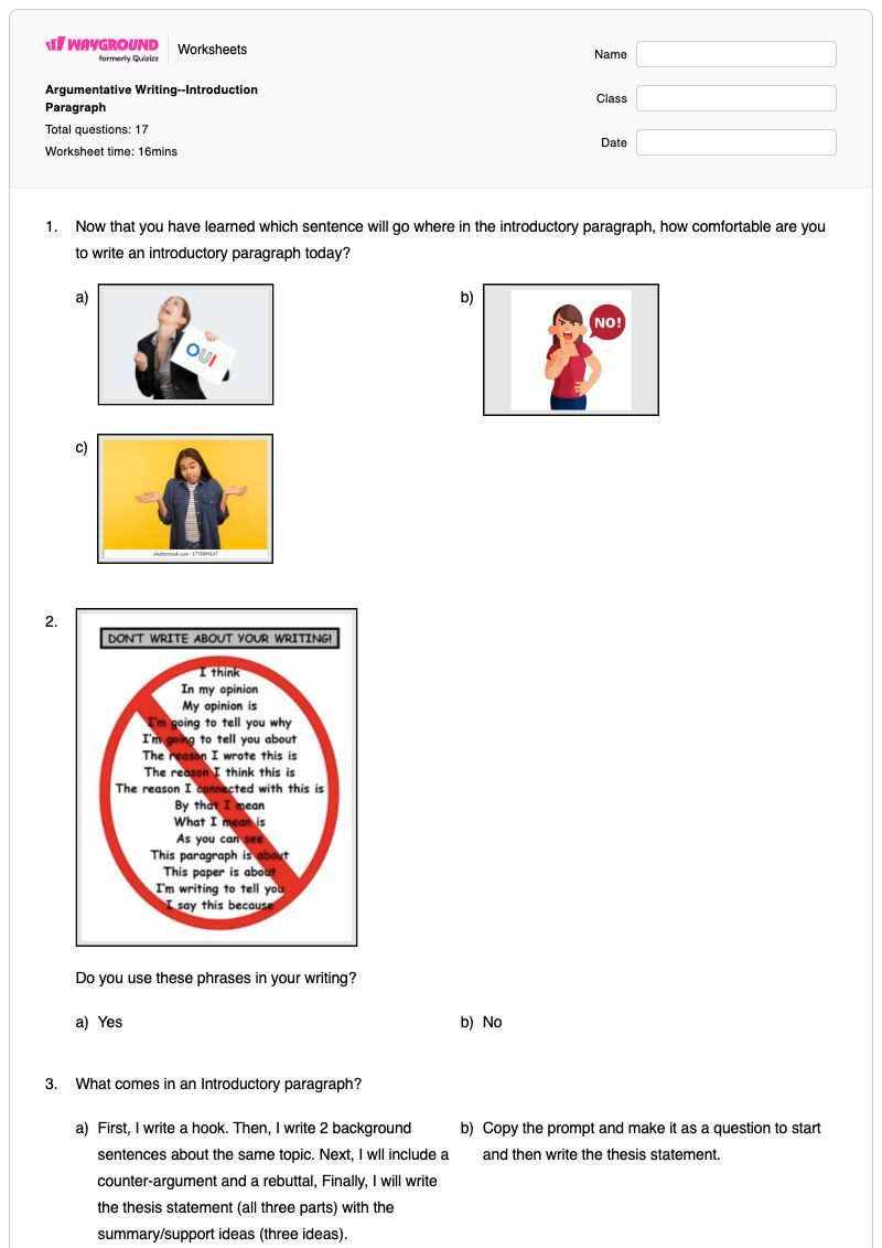 Argumentative Writing--Introduction Paragraph - พิมพ์ได้ Writing-organization-and-structure เวิร์กชีท ระดับ 12 - Wayground