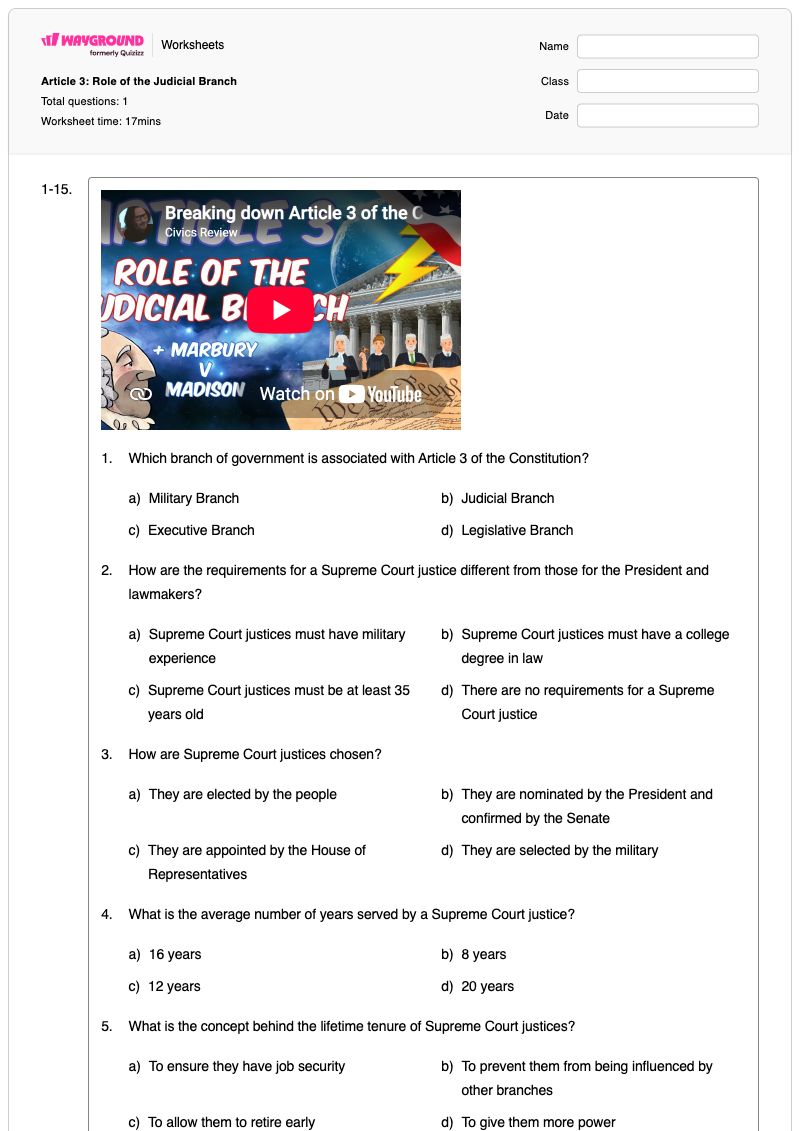 Article 3: Role of the Judicial Branch - พิมพ์ได้ ฝ่ายตุลาการ เวิร์กชีท ระดับ 12 - Wayground