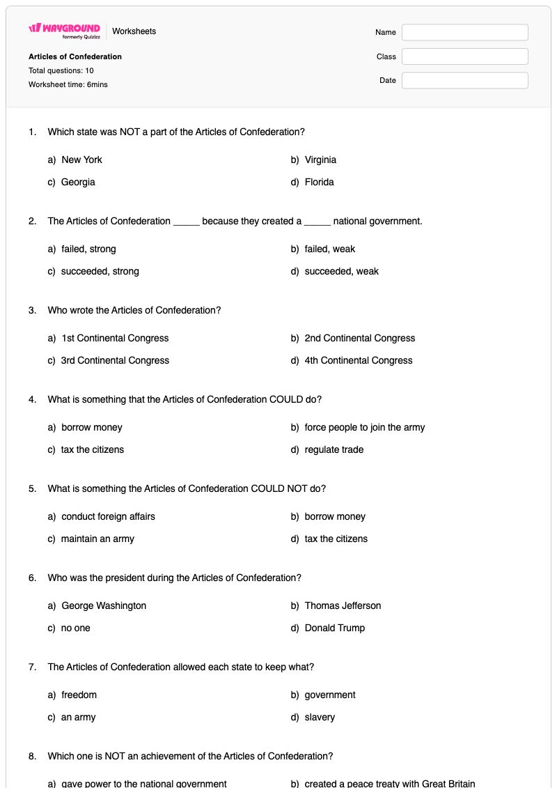 Articles of Confederation - พิมพ์ได้ บรรพบุรุษผู้ก่อตั้งประเทศ เวิร์กชีท ระดับ 5 - Wayground