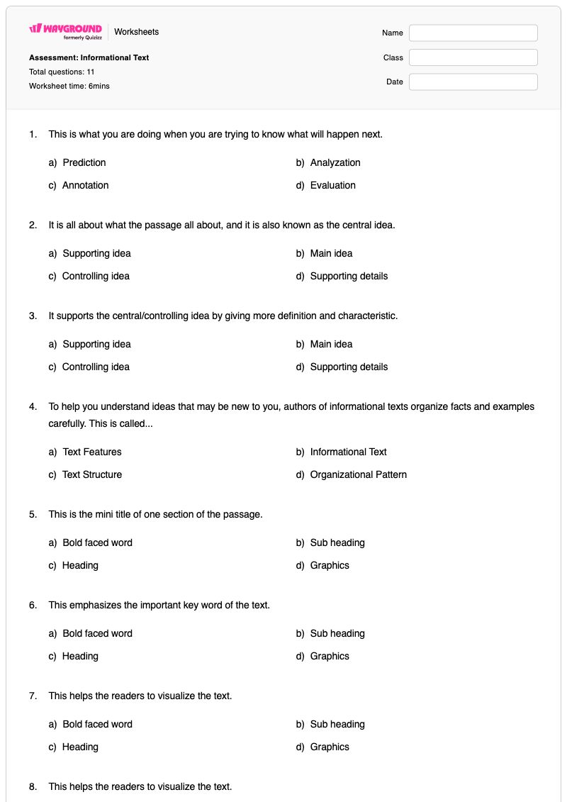 Assessment: Informational Text - พิมพ์ได้ การวิเคราะห์โครงสร้างข้อความ เวิร์กชีท ระดับ 6 - Wayground