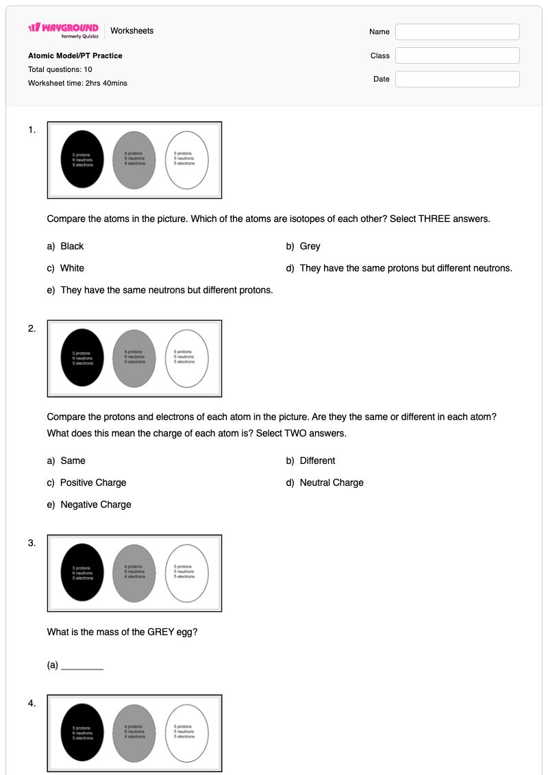 Atomic Model/PT Practice - พิมพ์ได้ History-of-atomic-models เวิร์กชีท - Wayground