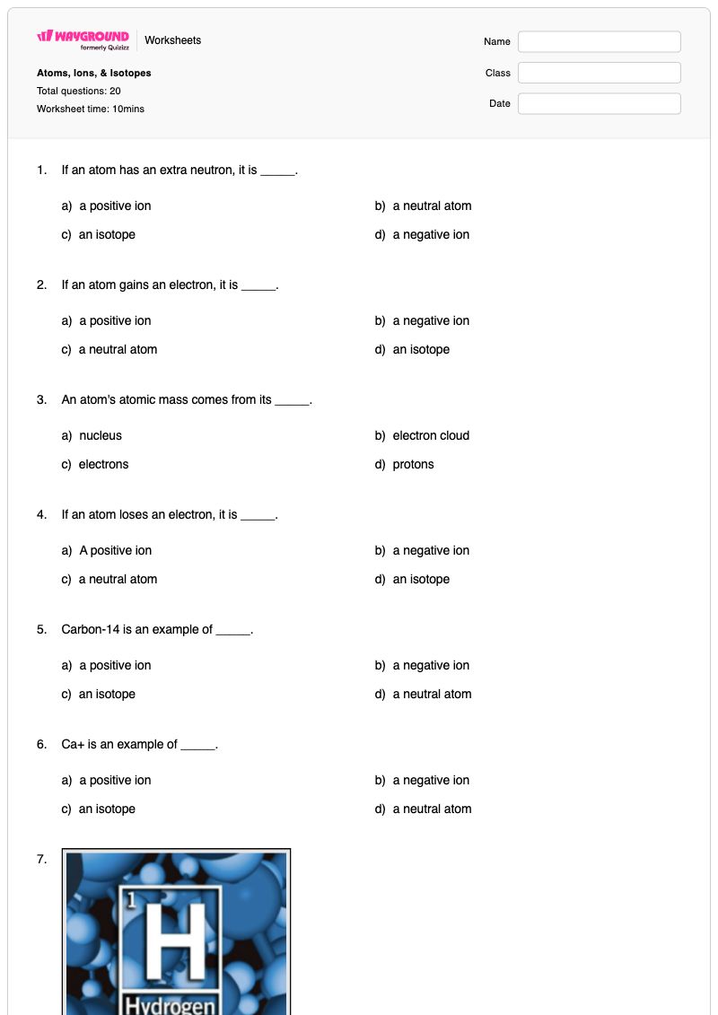 Atoms, Ions, & Isotopes - พิมพ์ได้ Forming-ions เวิร์กชีท ระดับ 7 - Wayground