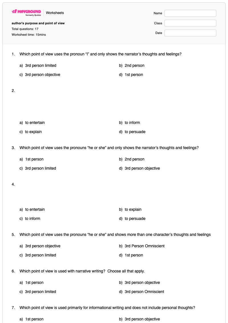 author's purpose and point of view - Printable Author-s-point-of-view Worksheets Grade 6 - Wayground