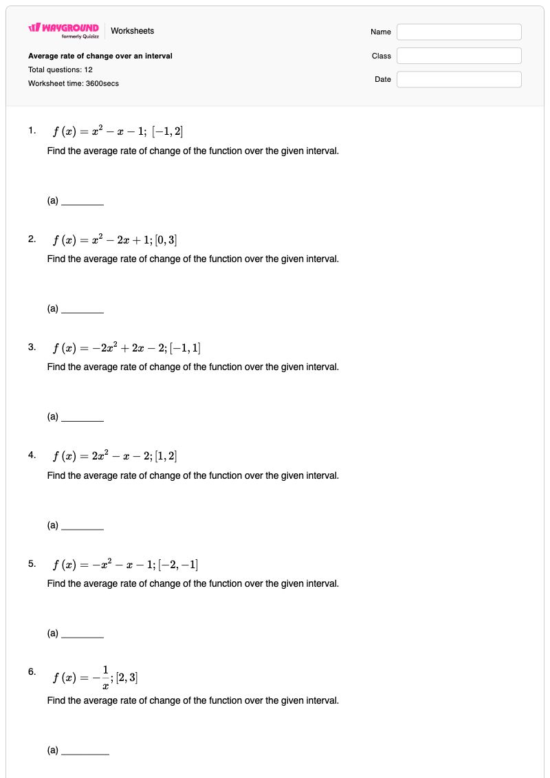 Average rate of change over an interval - พิมพ์ได้ Weighted-averages เวิร์กชีท ระดับ 10 - Wayground