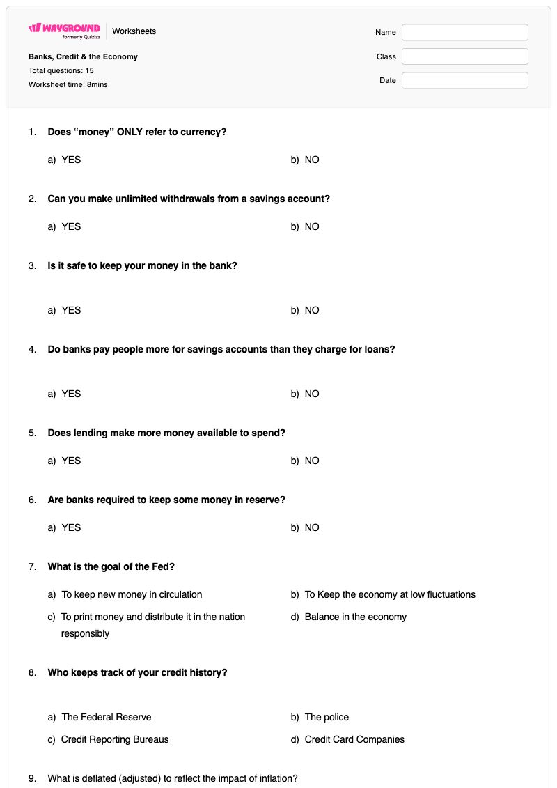 Banks, Credit & the Economy - Printable Economy Worksheets Grade 11 - Wayground