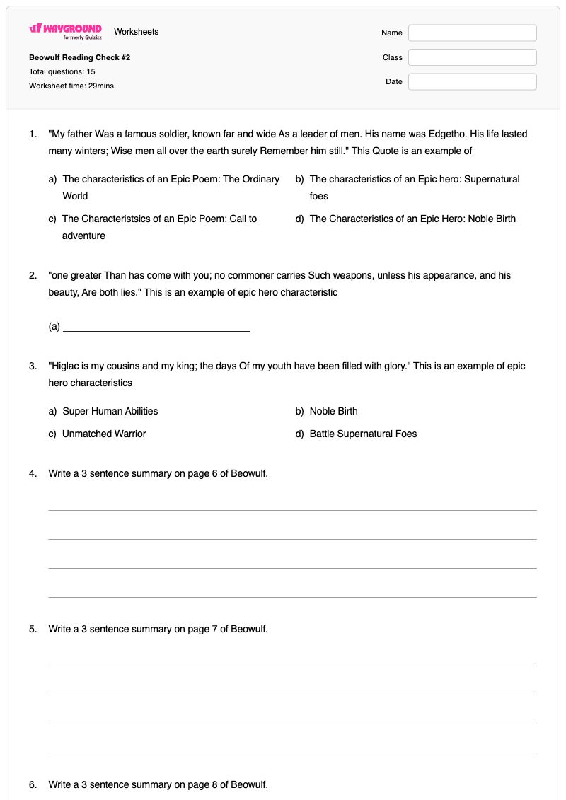 Beowulf Reading Check #2 - Printable Ela Worksheets Year 12 - Wayground