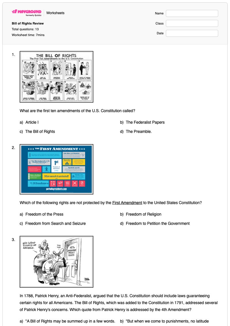 Bill of Rights Review  - พิมพ์ได้ ร่างพระราชบัญญัติสิทธิ เวิร์กชีท ระดับ 12 - Wayground