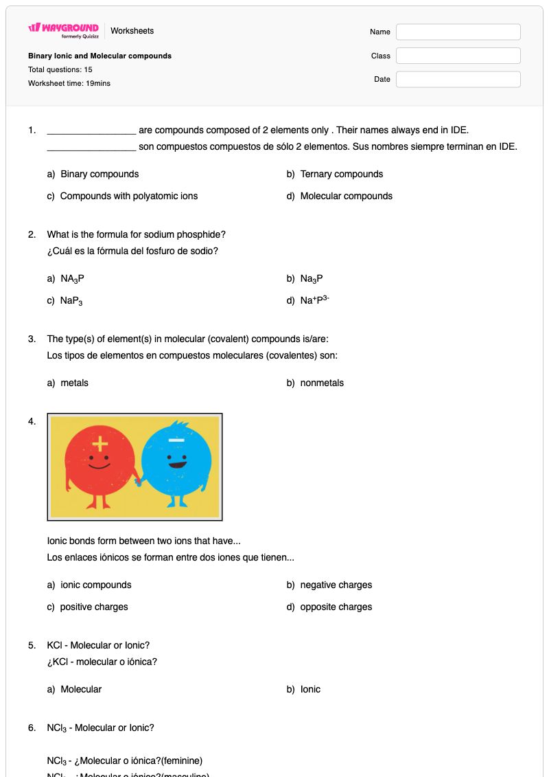 Binary Ionic and Molecular compounds - พิมพ์ได้ สารประกอบไอออนิกแบบไบนารี เวิร์กชีท ระดับ 9 - Wayground