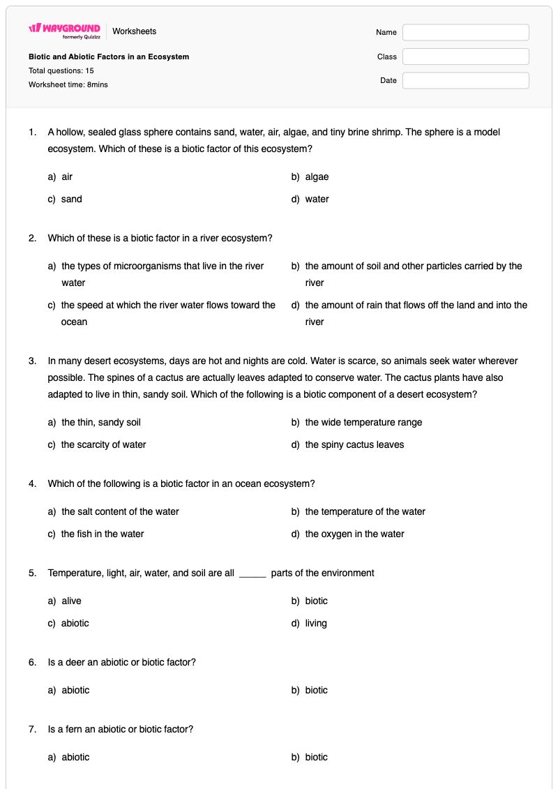 Biotic and Abiotic Factors in an Ecosystem - พิมพ์ได้ Abiotic-factors เวิร์กชีท - Wayground