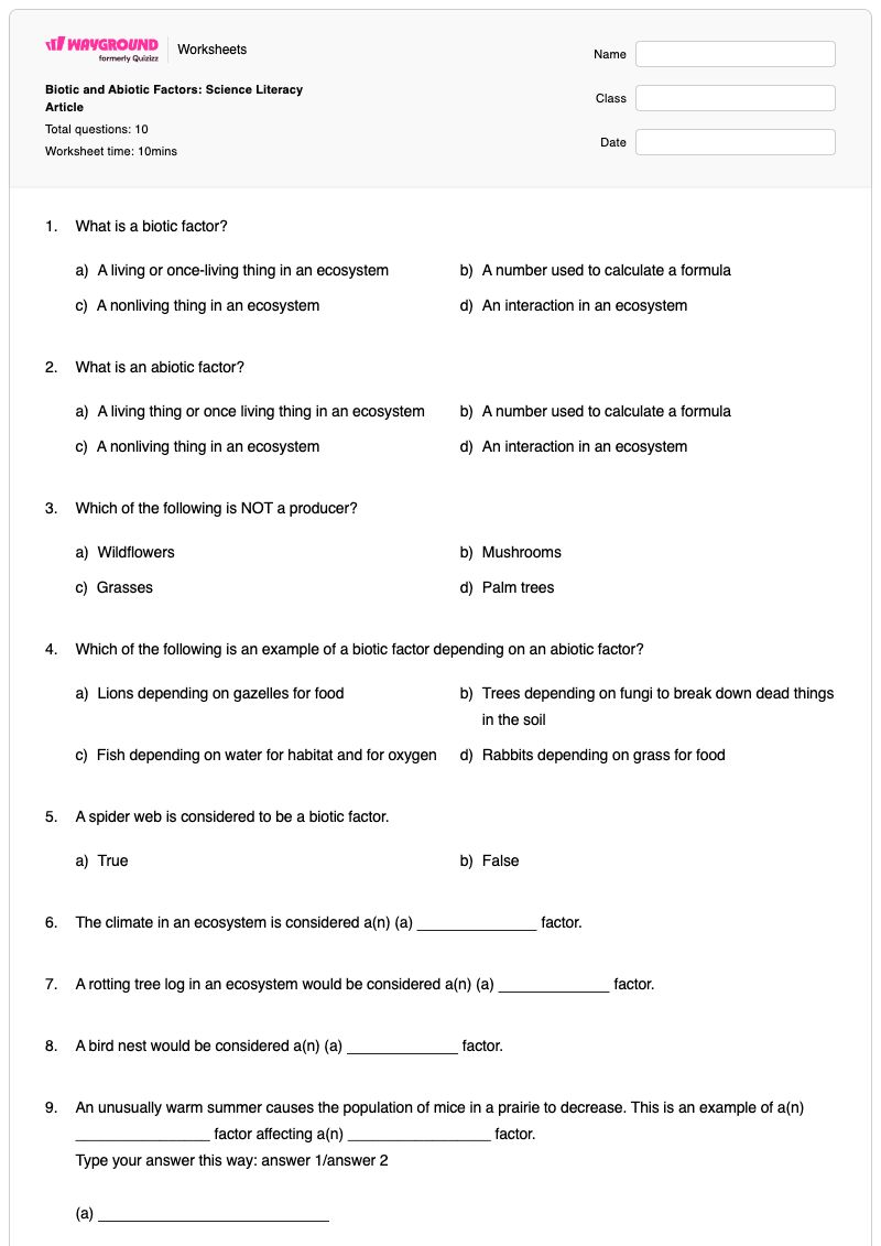 Biotic and Abiotic Factors: Science Literacy Article - พิมพ์ได้ ปัจจัยที่ไม่มีชีวิต เวิร์กชีท โรงเรียนอนุบาล - Wayground