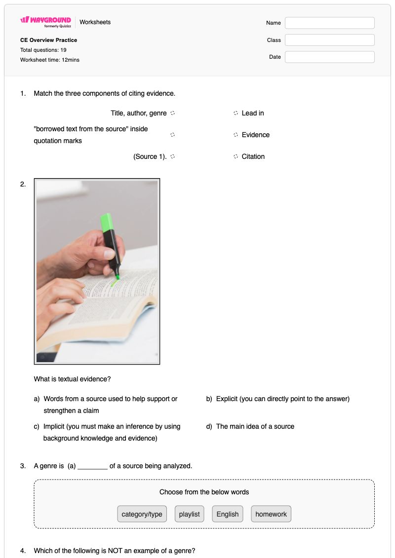 CE Overview Practice - พิมพ์ได้ การอ้างอิงหลักฐานจากข้อความ เวิร์กชีท - Wayground