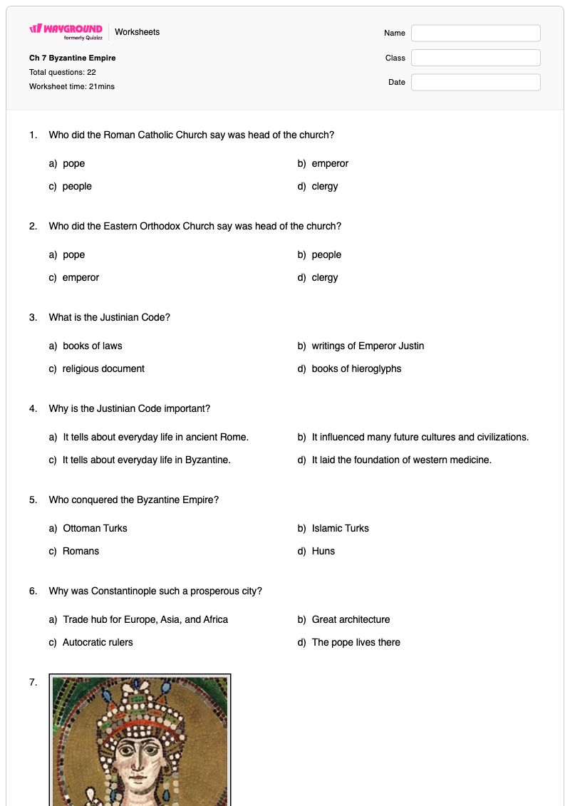 Ch 7 Byzantine Empire - พิมพ์ได้ แผนที่จักรวรรดิไบแซนไทน์ เวิร์กชีท ระดับ 9 - Wayground