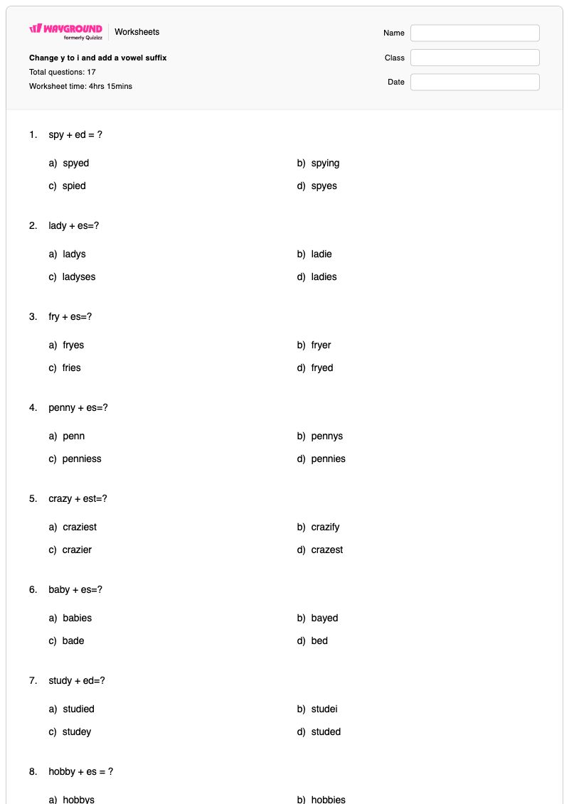 Change y to i and add a vowel suffix - Printable Change-y-to-i-rule Worksheets Year 3 - Wayground