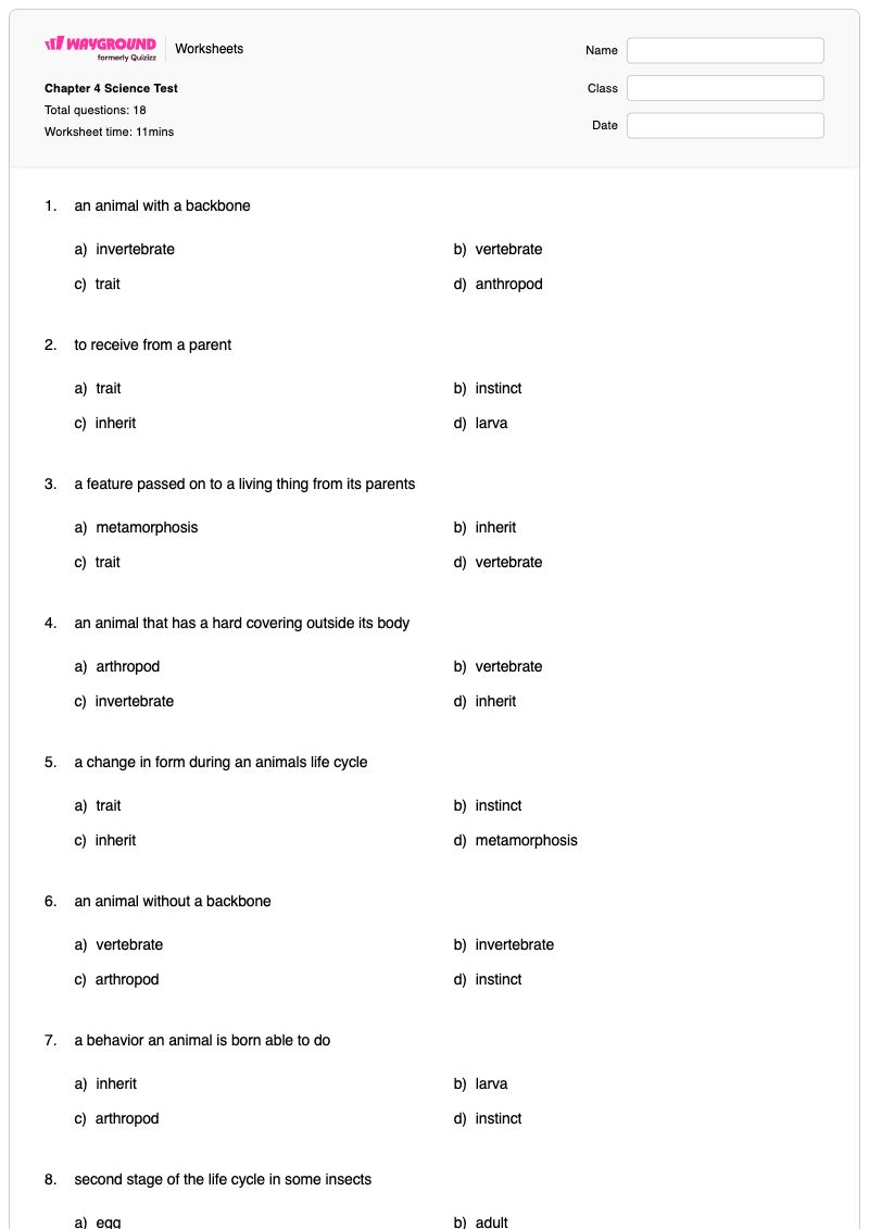 Chapter 4 Science Test - พิมพ์ได้ Butterfly-metamorphosis เวิร์กชีท ระดับ 3 - Wayground