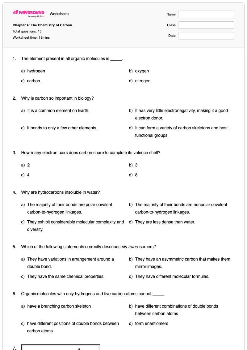 Chapter 4: The Chemistry of Carbon - Printable Chemistry Worksheets - Wayground