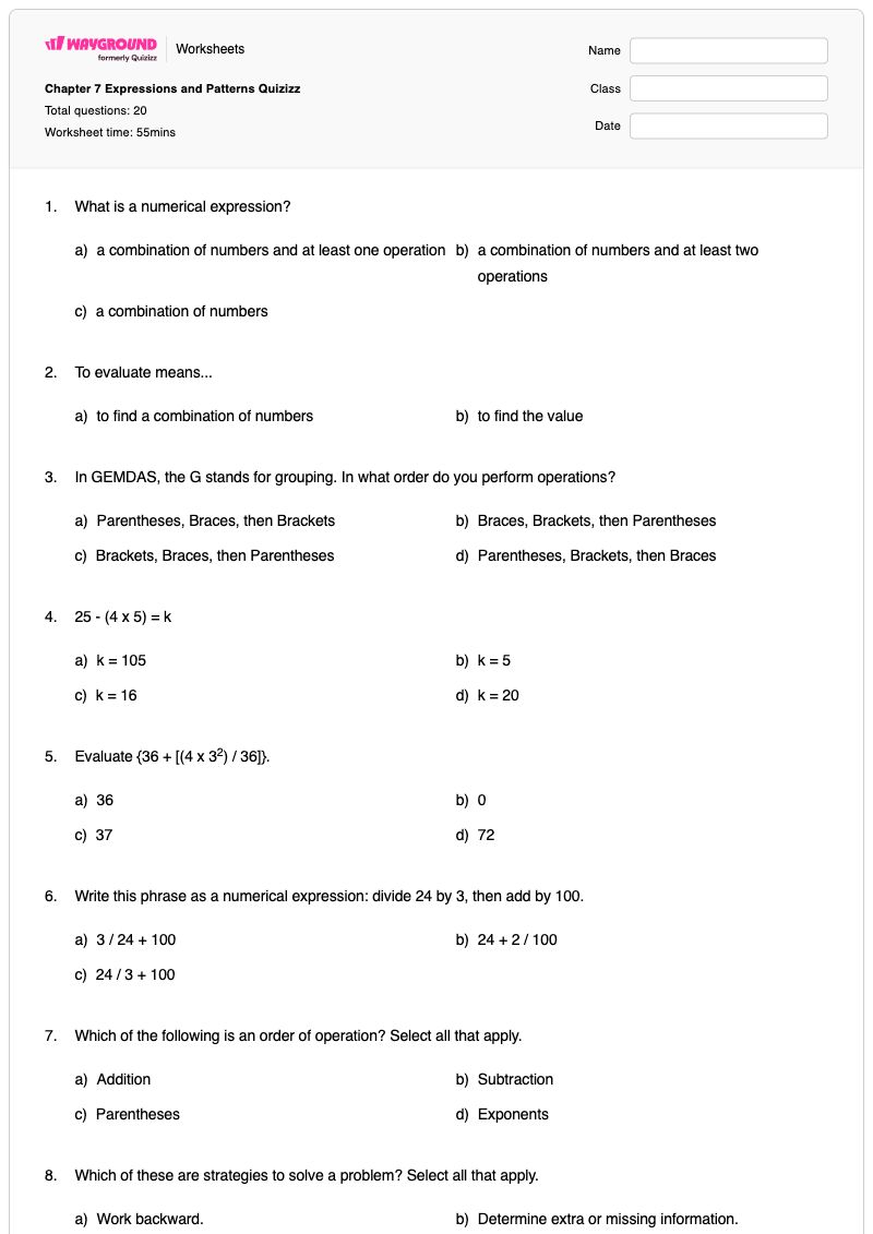 Chapter 7 Expressions and Patterns Quizizz - Printable Addition-and-patterns-of-one-more Worksheets Kindergarten - Wayground