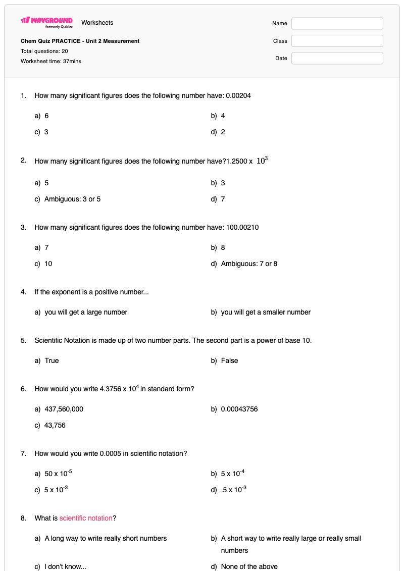 Chem Quiz PRACTICE - Unit 2 Measurement - พิมพ์ได้ Scientific-figures เวิร์กชีท ระดับ 9 - Wayground