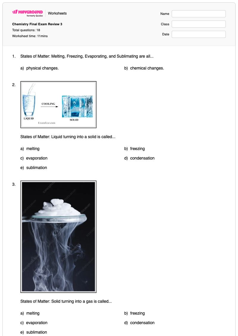 Chemistry Final Exam Review 3 - Printable Chemistry Worksheets - Wayground