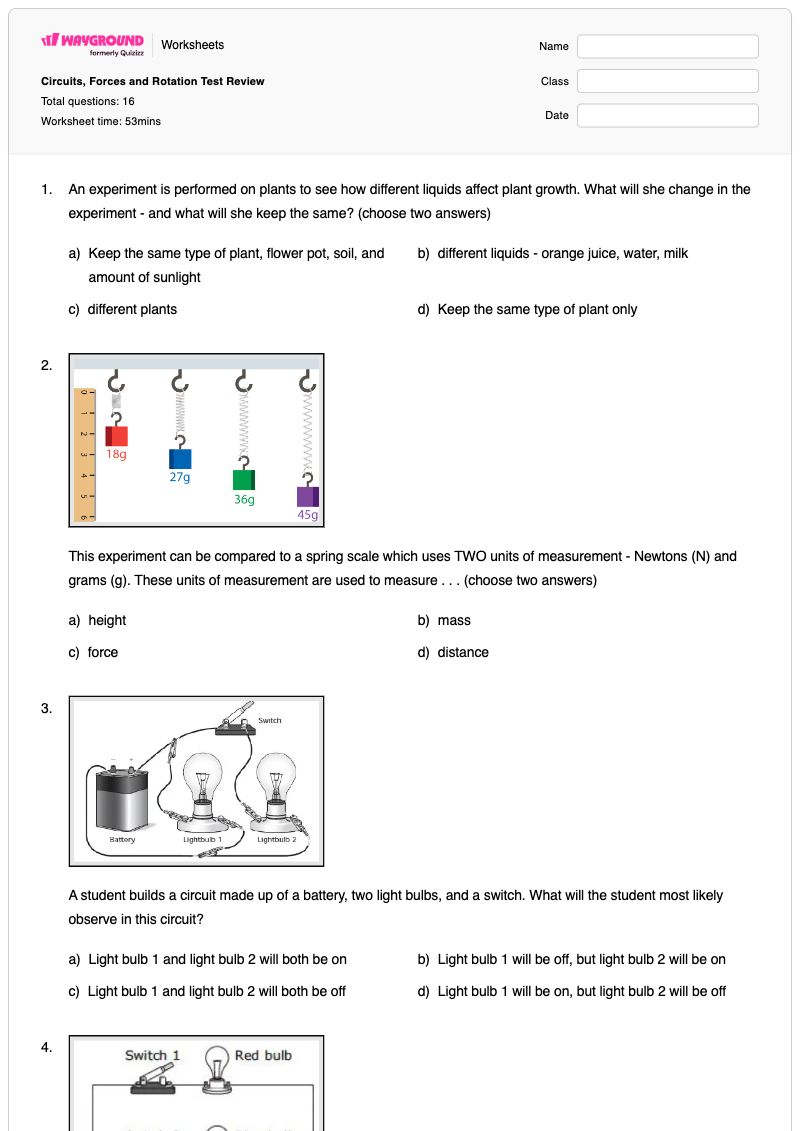 Circuits, Forces and Rotation Test Review - Printable Units-of-distance Worksheets Class 5 - Wayground