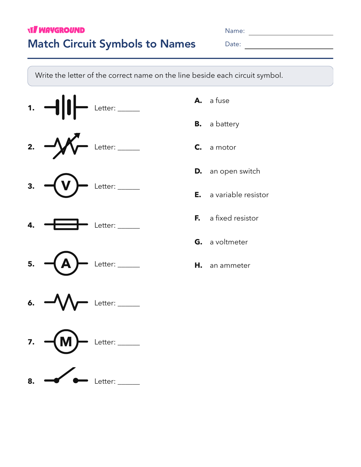 Match Circuit Symbols to Names - Có thể in Mạch-điện Phiếu-bài-tập Lớp 10 - Wayground