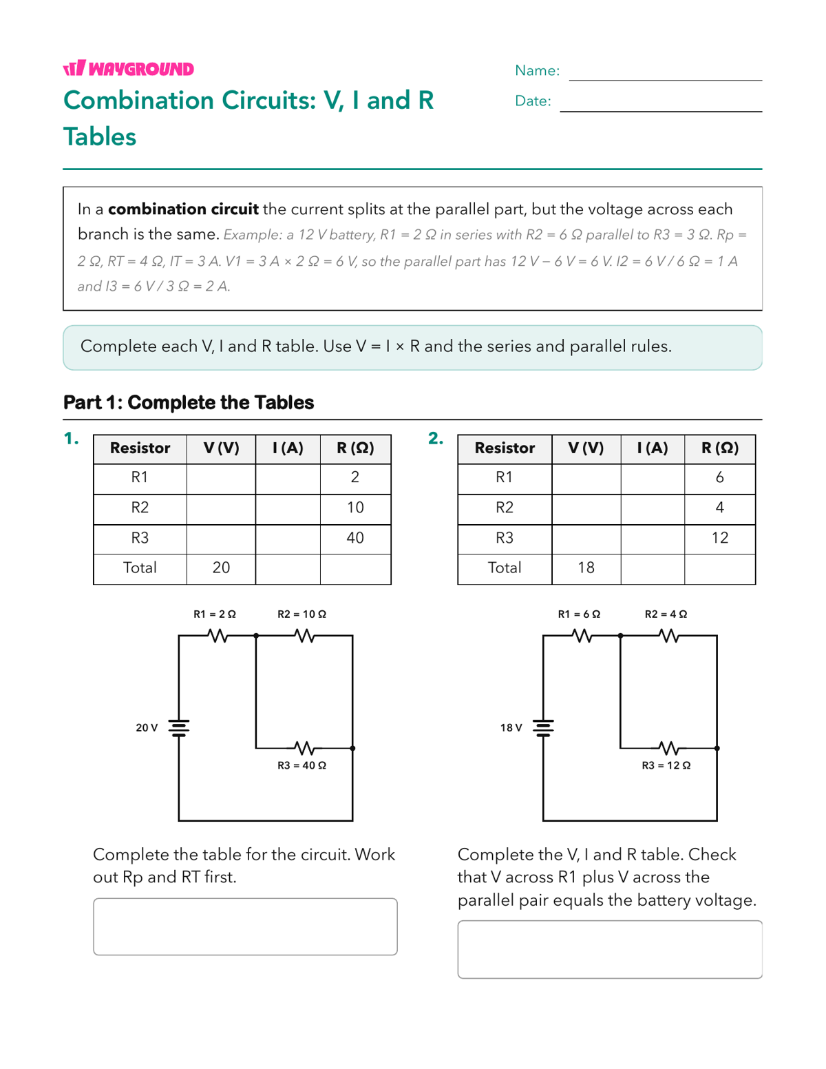Combination Circuits: V, I and R Tables - Có thể in Mạch-điện Phiếu-bài-tập Lớp 10 - Wayground