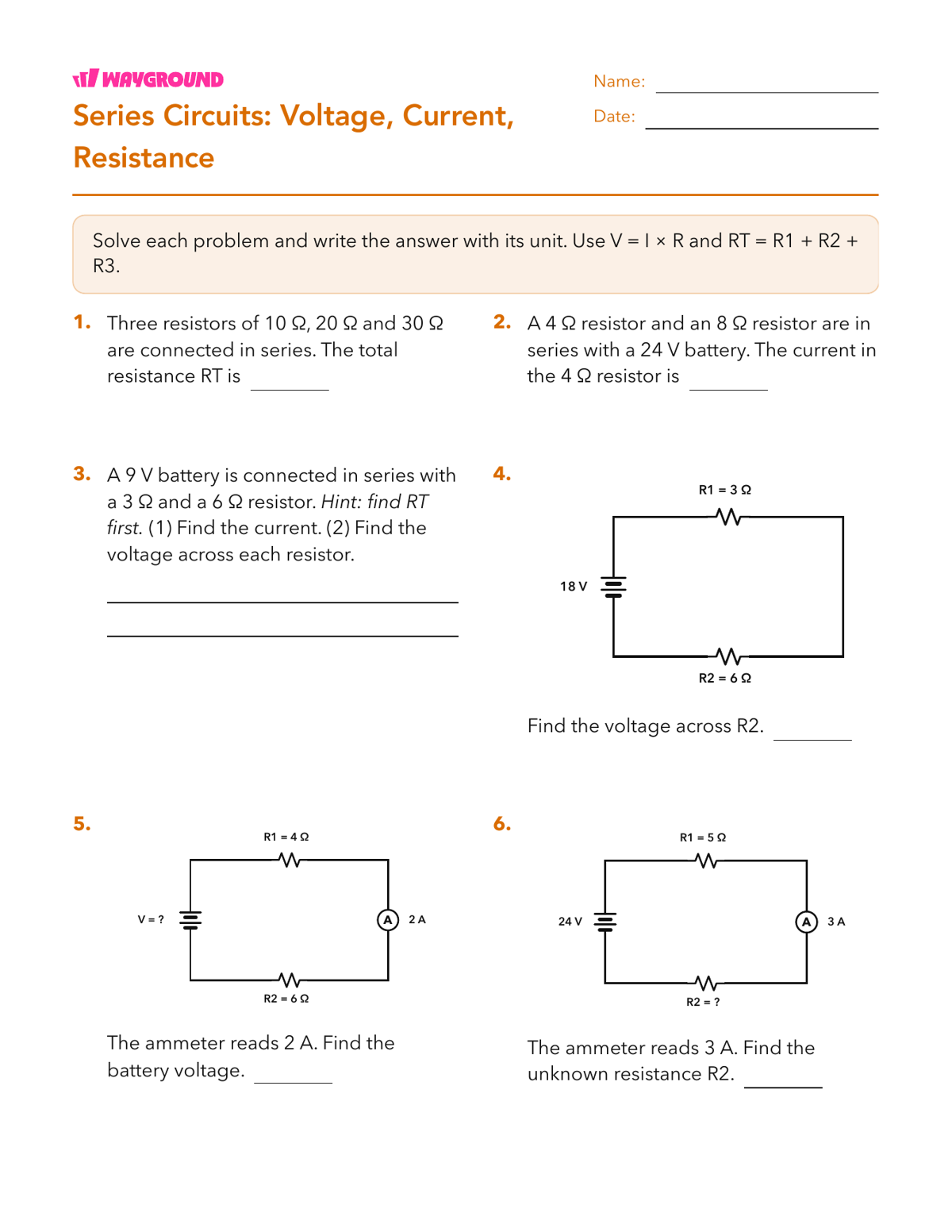 Series Circuits: Voltage, Current, Resistance - Có thể in Mạch-điện Phiếu-bài-tập Lớp 10 - Wayground