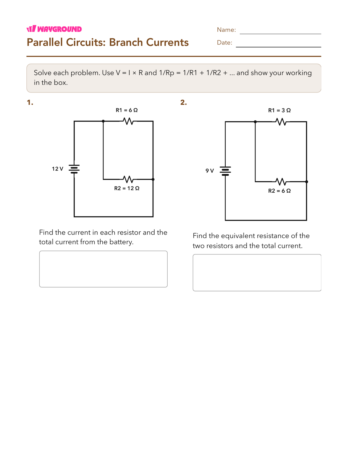 Parallel Circuits: Branch Currents - Có thể in Mạch-điện Phiếu-bài-tập Lớp 10 - Wayground