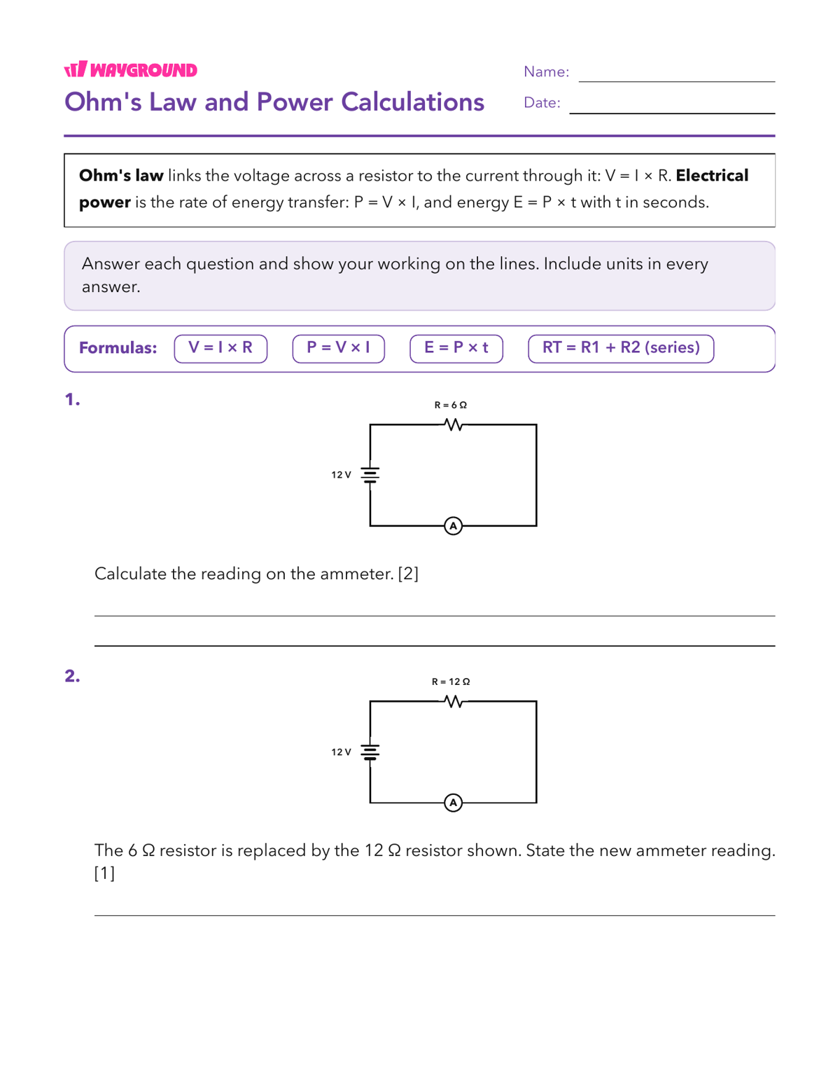 Ohm's Law and Power Calculations - Có thể in Mạch-điện Phiếu-bài-tập Lớp 10 - Wayground