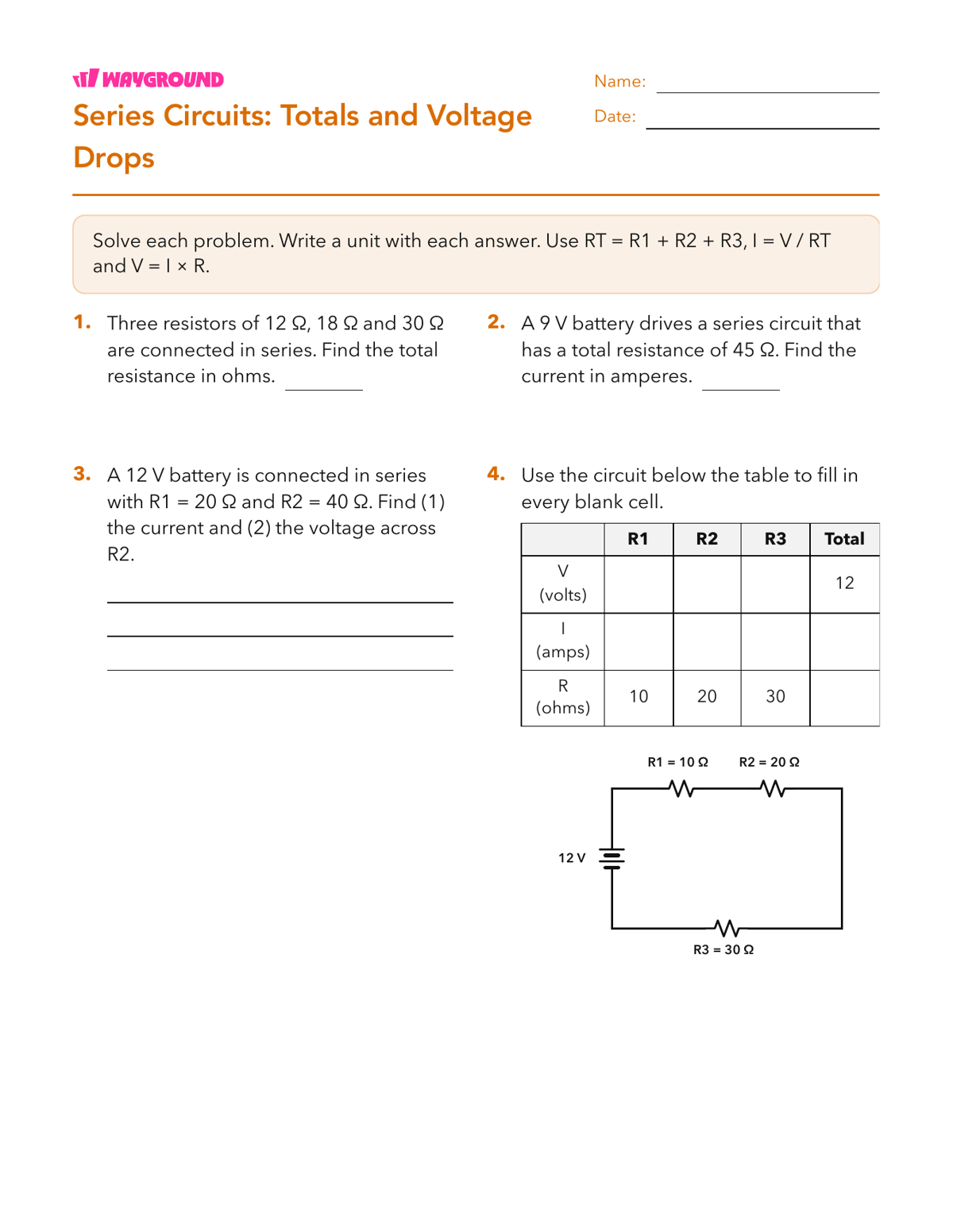 Series Circuits: Totals and Voltage Drops - Imprimible Circuitos Hojas-de-trabajo - Wayground