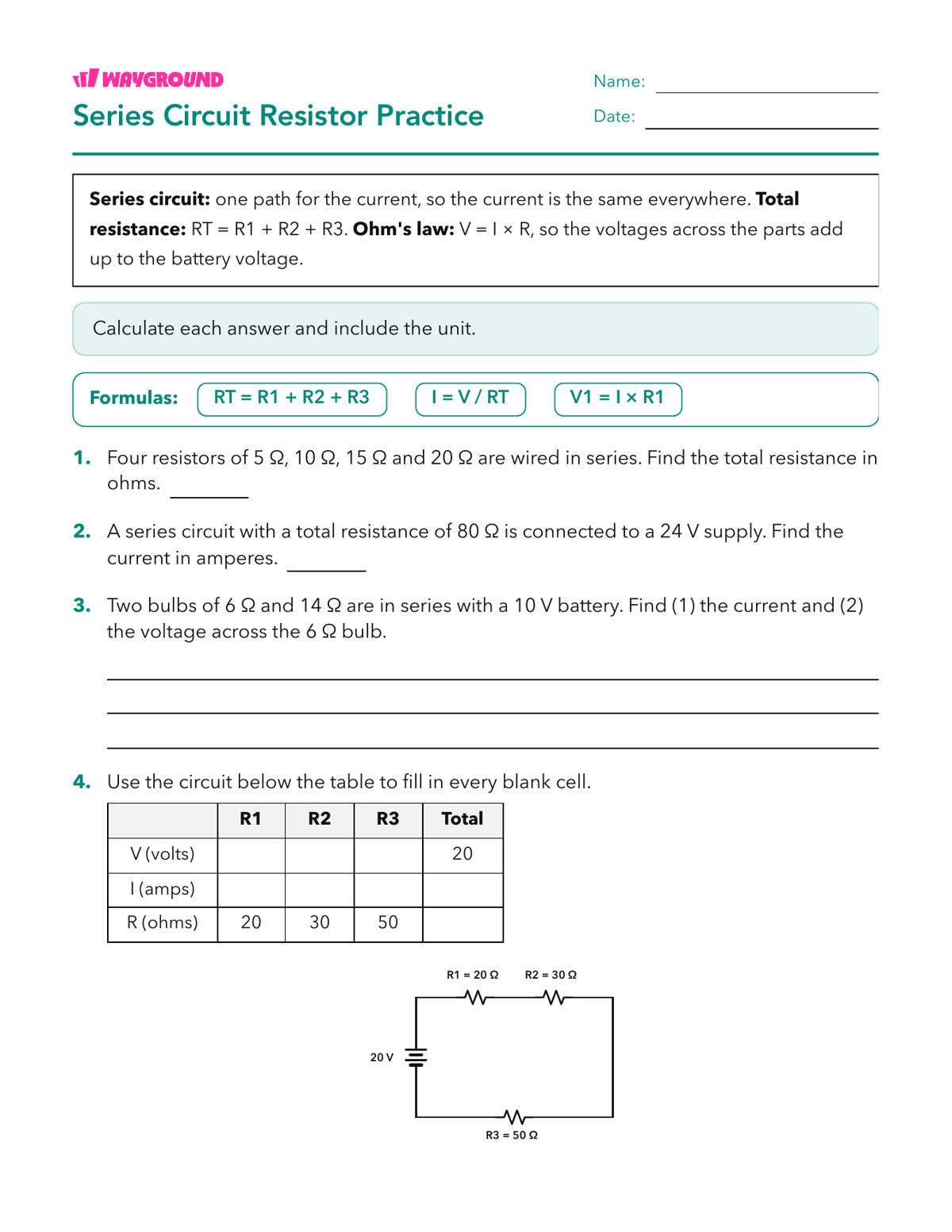 Series Circuit Resistor Practice - Imprimible Circuitos Hojas-de-trabajo - Wayground