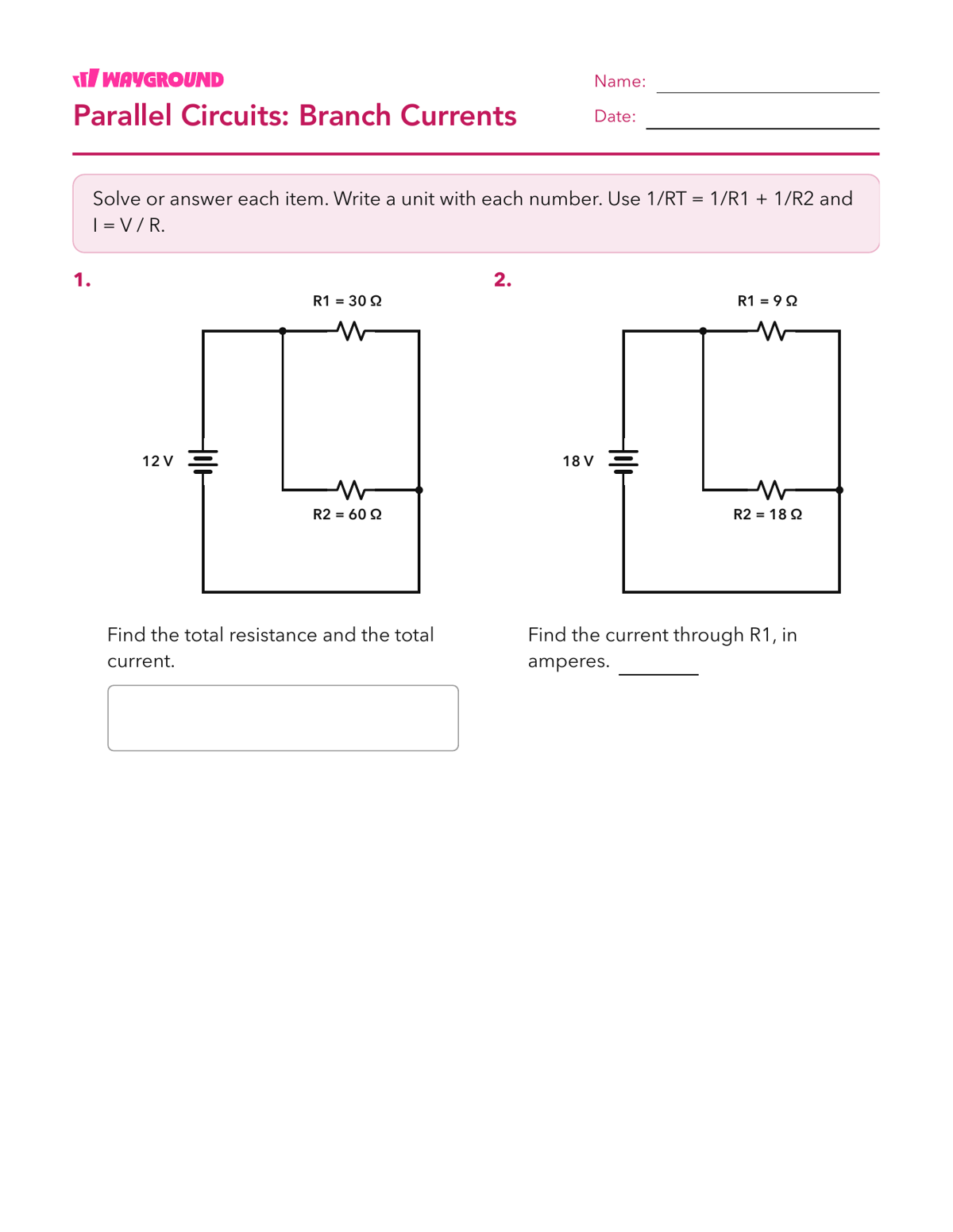 Parallel Circuits: Branch Currents - Imprimible Circuitos Hojas-de-trabajo - Wayground